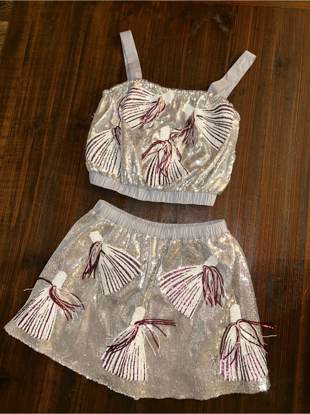 QUEEN OF SPARKLES Silver Sequin Two-Piece Skirt Set with maroon and whiteAccents
